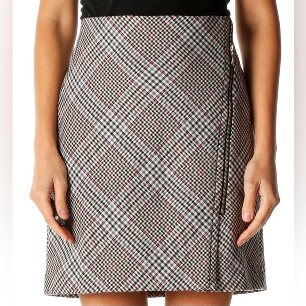 White House Black Market Black Cabernet Plaid Asymmetrical Zip-Front Skirt 12